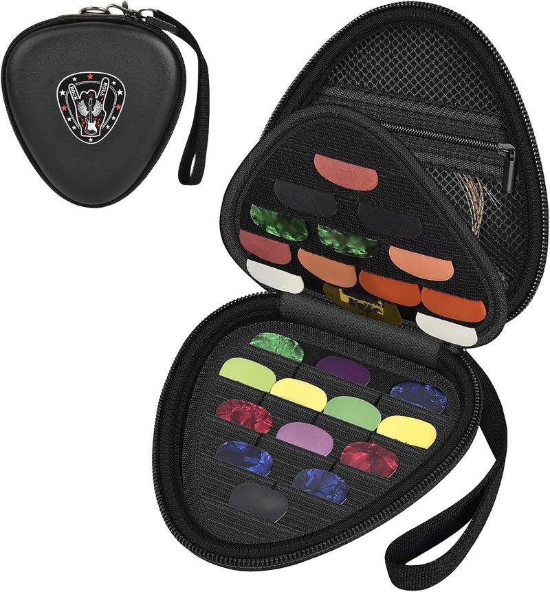 Comecase Guitar Picks Holder Case for Acoustic Electric Guitar Holds Over 39 Packs, Variety Pack Bass Picks Storage Pouch Organizer, Guitar Plectrums Bag with Mesh Pocket for Other Accessories -Jet Black - Image 1